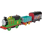 Thomas & Friends Motorized Toy Train Graffiti Percy Battery-Powered Engine with 2 Cargo Cars for Preschool Kids Ages 3+ Years