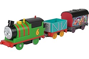 Thomas & Friends Motorized Toy Train Graffiti Percy Battery-Powered Engine with 2 Cargo Cars for Preschool Kids Ages 3+ Years