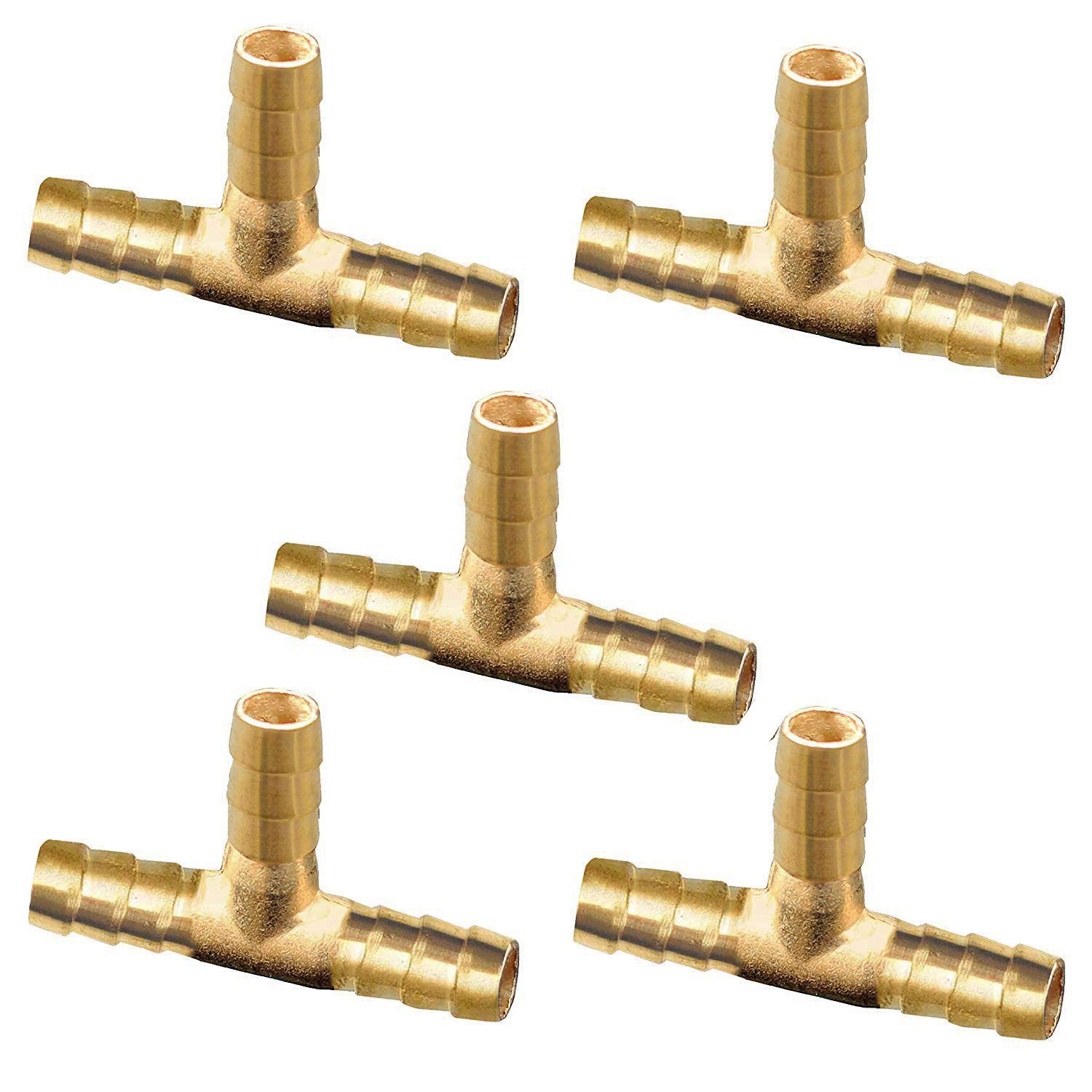 Apparsol Hose ID Barbed Brass Tee Fitting 3/8” x 3/8” x 3/8” - T Shaped 3 Way Union Fitting Intersection Water/Fuel/Air (5 Pack)