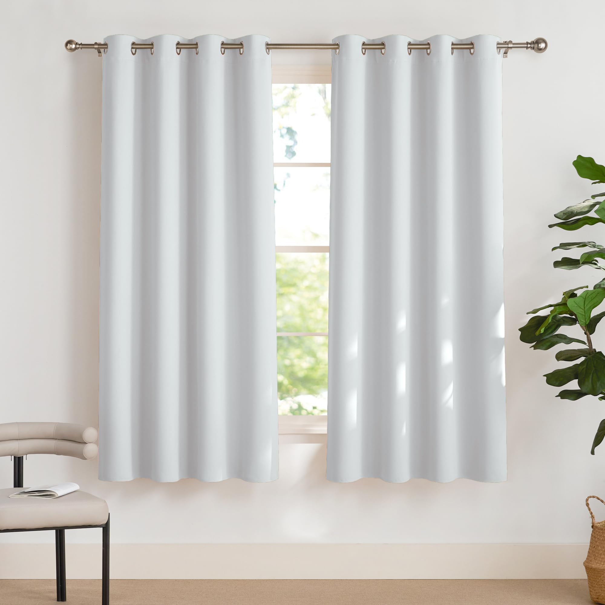 PONY DANCE White Short Curtains for Window - Thermal Insulated Energy Saving Curtain & Drapes with Silver Rings for Kids Bedroom, 52 in Width by 63 Inch Drop, Greyish White, 1 Pair — image 1
