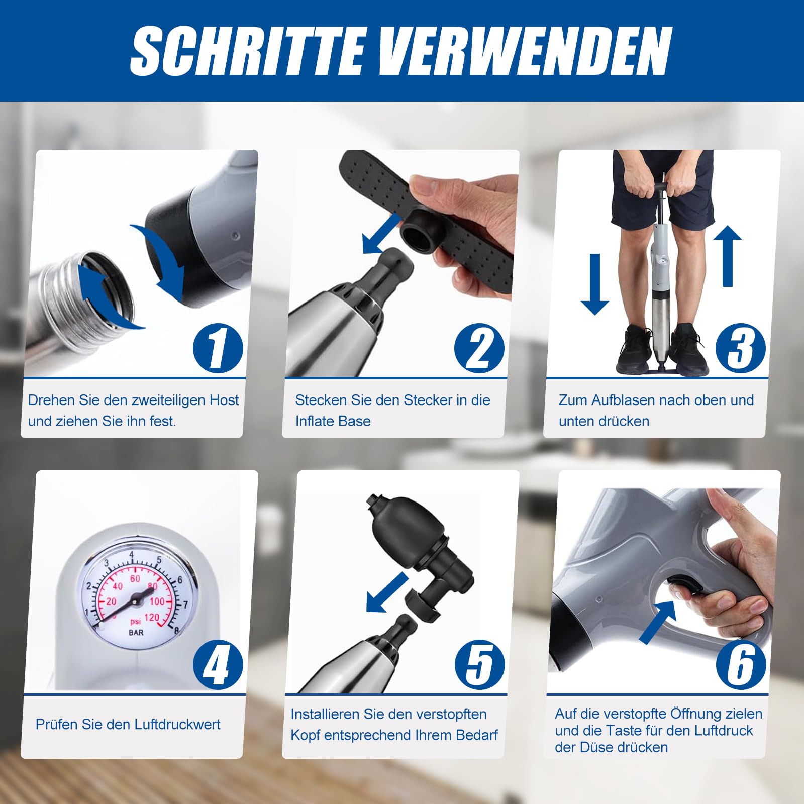 Rohrreiniger, Abflussreinigungspumpe mit Luftkompression und Luftdruckanzeige, Druckluft-Rohrreiniger mit 4 Saugnäpfen für Waschbecken, Toiletten, Bäder, Duschen und Küchen (grau) 5