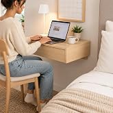 Sleekform Floating Wall Desk with Drawer, 30 x 16 x 6 Inch, Modern White | Oak Patterned Laminate, Wall Mount Desk or Vanity Makeup Table