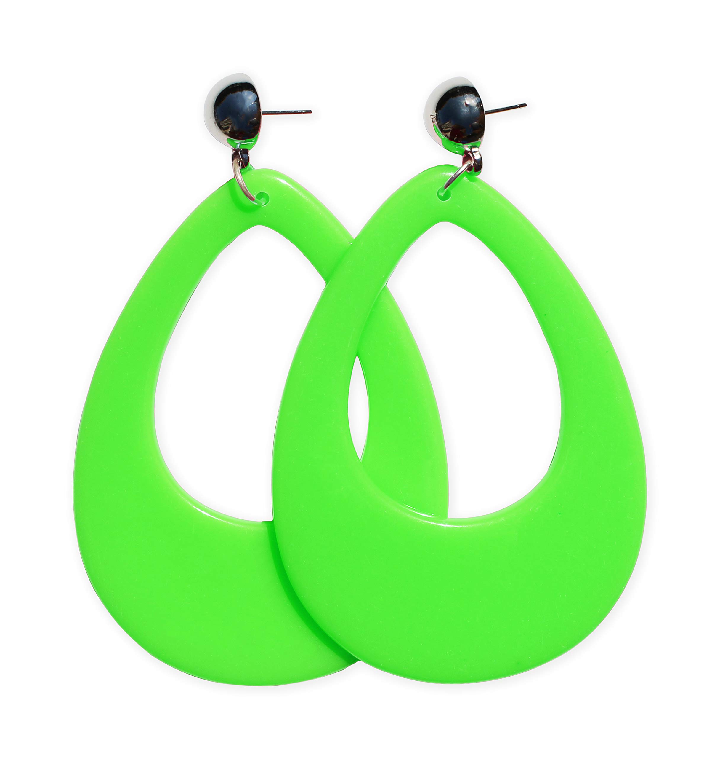 NEON NATION Women's Circular Oval Earring with Silver Top 1980s Costume Party Green