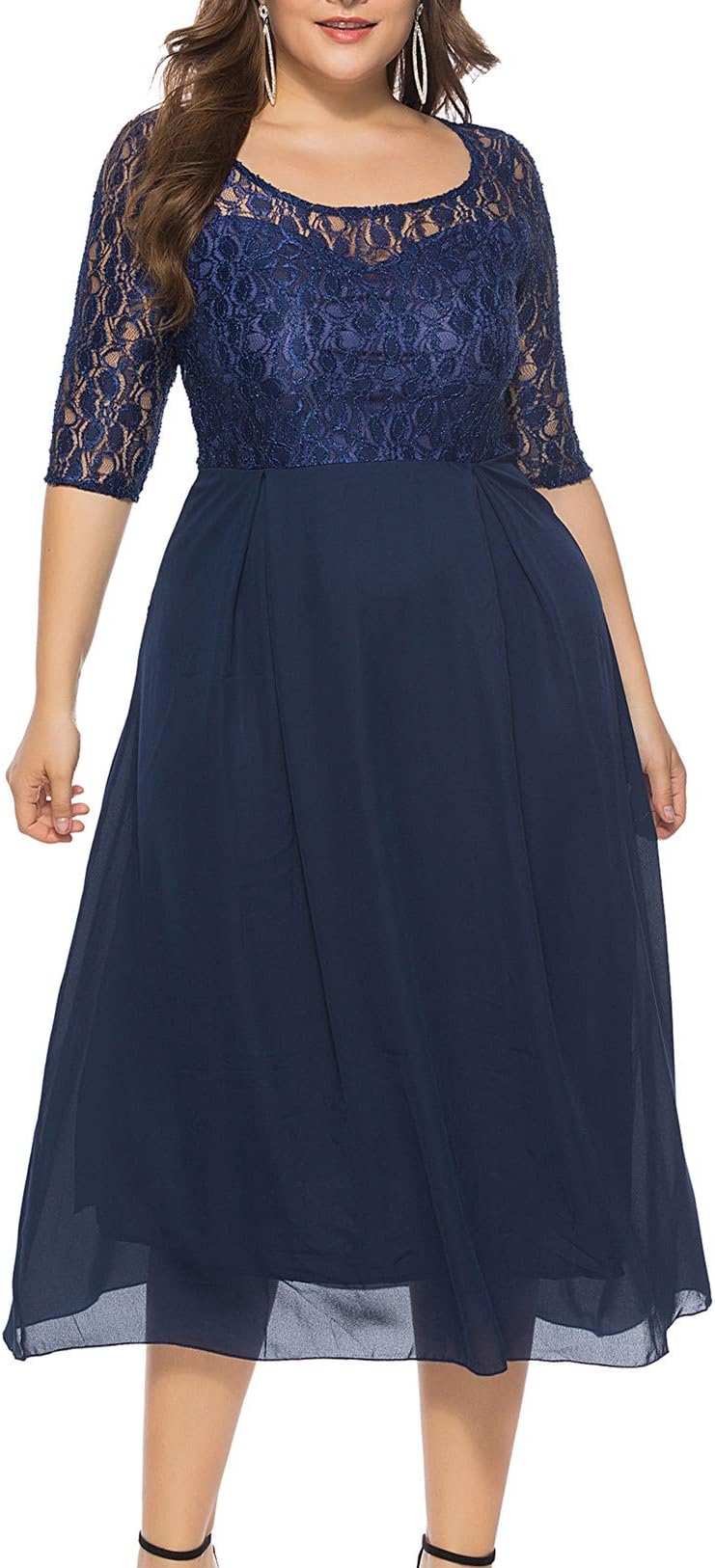 KILOLONE Plus Size Lace Dress Women 3/4 Sleeve A Line Vintage Dress for Party Cocktail Evening Prom
