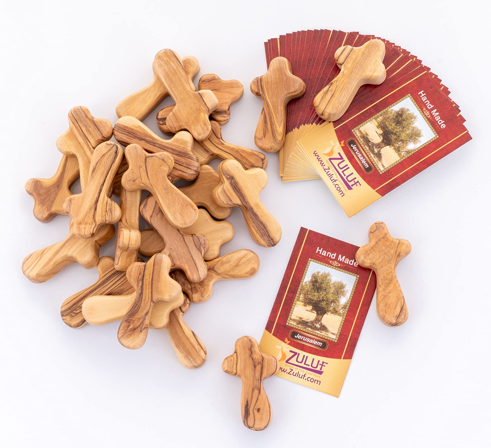 Zuluf 25 Small Olive Wood Comfort Crosses from Bethlehem Israel | Religious Pocket Holding Crosses Gift for Kids and Adults | 6cm / 2.5 Inch Each Cross