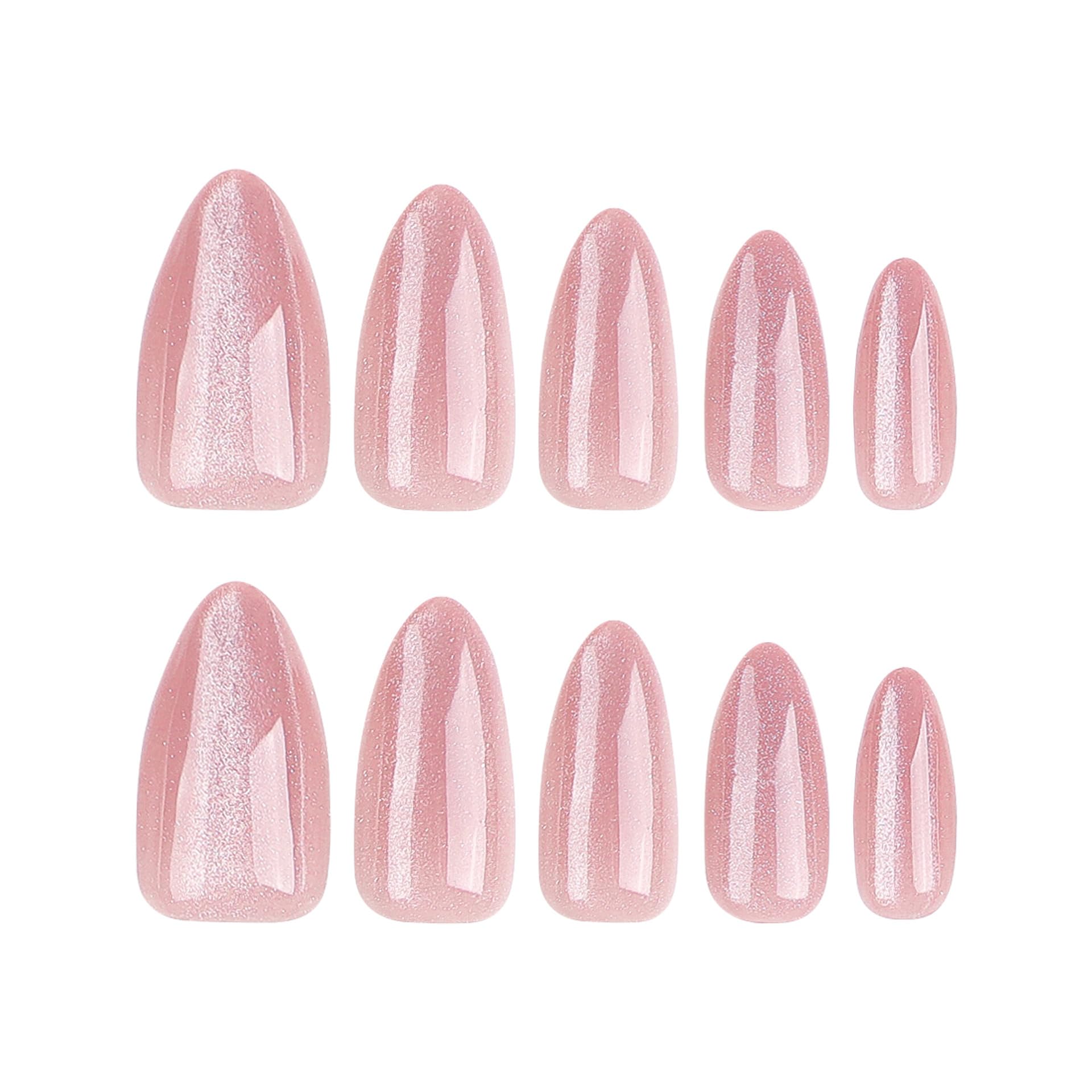 Almond Press on Nails Medium Fake Nails Pink False Nails with Design Glitter Glue on Nails Glossy Acrylic Nails Full Cover Stick on Nails Shiny Artificial Nails for Women Manicure 24Pcs - Image 5