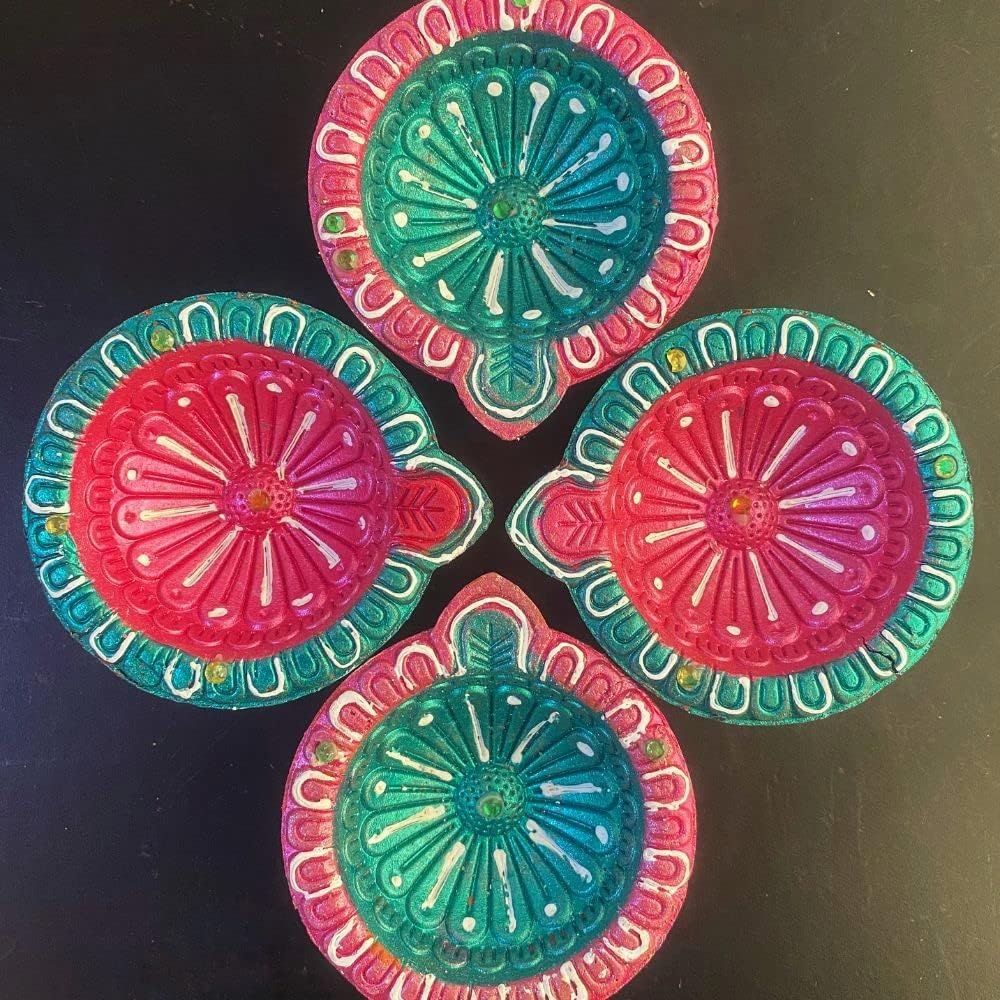 Oil Lamps & Accessories - Amroha Crafts 4 Pcs Diya Set of Clay Handmade Diya for Diwali/Deepawali Gift/Decorations/Natural Earthen Oil Lamp/Traditional Diyas for Pooja with Cotton Wicks Batti (Style 6)