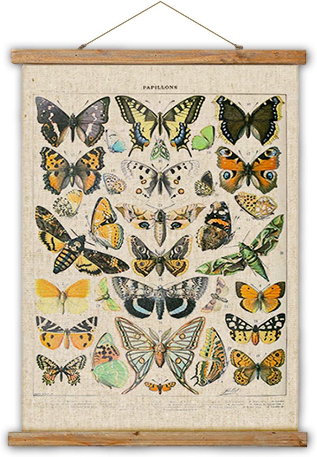 Wall Décor - Vintage Butterflies Hanging Poster, Retro Style of Wall Art Prints, Printed on Linen with Wood Frames, Ready to Hang