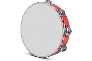 Flexzion Wood Handheld Tambourine for Adults 10-Inch Double Row 8-Pair Jingles (Red) - Percussion Round Tamborines Musical In