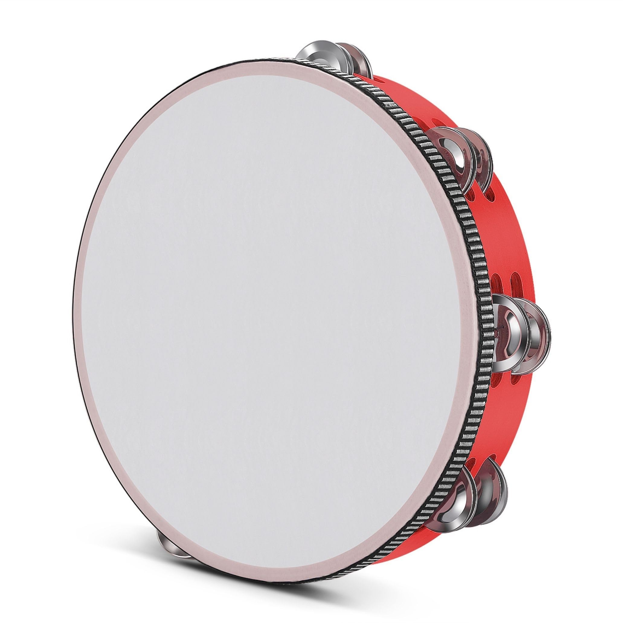 Flexzion Wood Handheld Tambourine for Adults 10-Inch Double Row 8-Pair Jingles (Red) - Percussion Round Tamborines Musical Instrument with Metal Zills