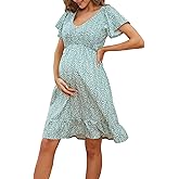 Domee Maternity Dress Floral Print V-Neck Midi A-Line Shirred Short Sleeves Ruffled Flowy Summer Boho Baby Shower Photoshoot