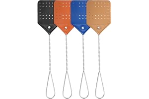 Zopeal 4 Pcs Sturdy Leather Fly Swatter 17 Inch Long Handle Manual Swat Heavy Duty Metal Handle Flyswatter Rustic Fly Swatter for Indoor Outdoor(Royal Blue, Black, Khaki, Dark Brown)