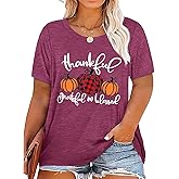 Plus Size Thanksgiving T-Shirt Women Thankful Greatful Blessed Shirt Cute Plaid Pumpkin Graphic Tees Casual Fall Tops