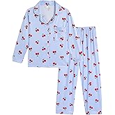 Hupohoi Girls Button Down Long Sleeve Pajama Sets Winter 2PCS Cartoon Sleepwear with Pockets for Teens PJS Size 8 to 16