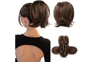HOOJIH Ponytail Extension, Claw Clip in Straight Hair Bun Messy Bun 9 Inch Short Ponytail with Bendable Metal Wire Hair Pieces for Women Fake Hair Bun DIY Styles - Warm Brown with little black mixed