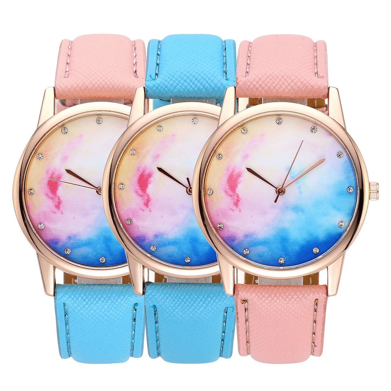 JSDDE Uhren,Fashion Cute Candy Farbe Damen Armbanduhr Sternenhimmel Farbverlauf Kleid Uhren PU Lederband Quarz Uhr,Pink