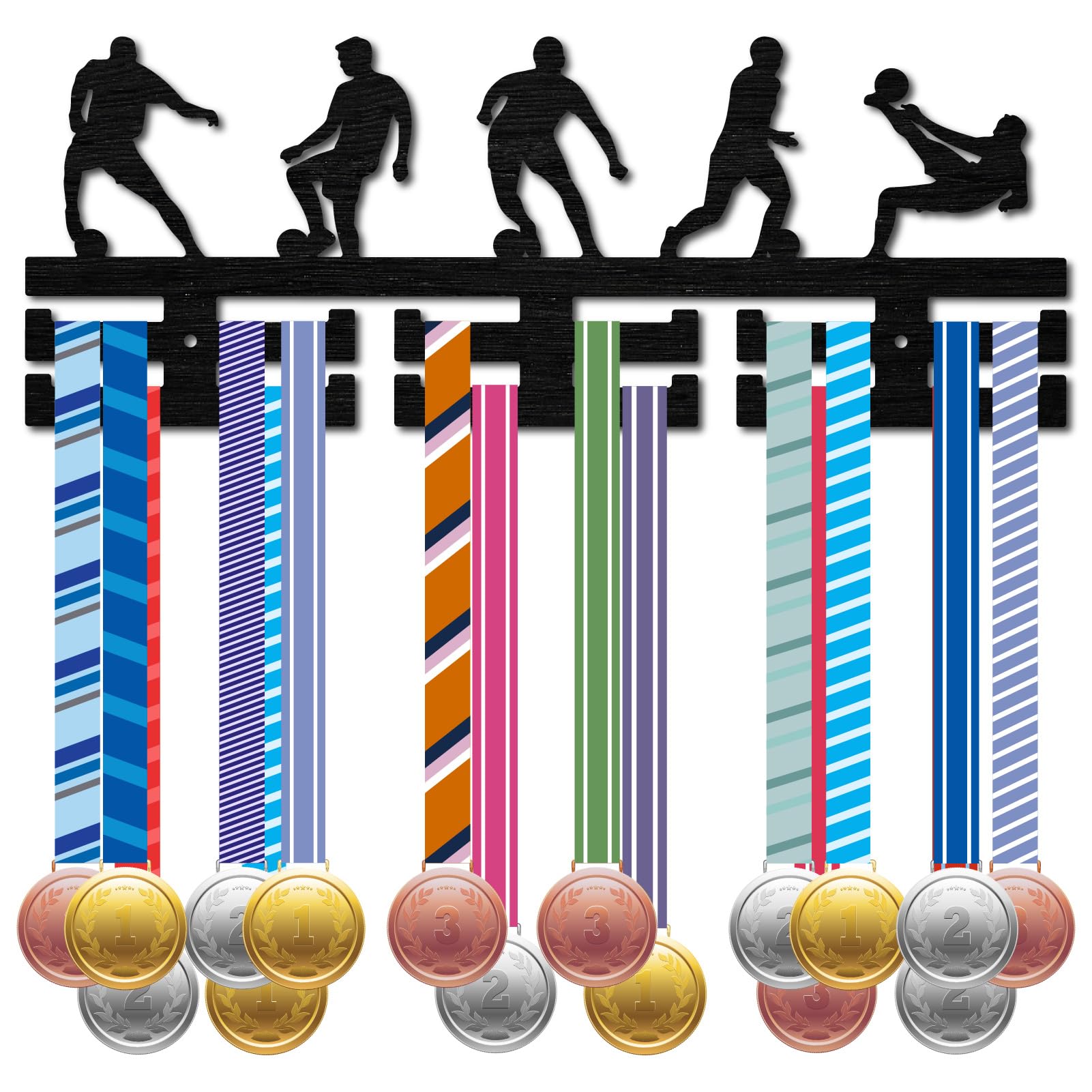 CREATCABIN Football Medal Hanger Display Soccer Medal Holder Rack Frame for Sports Hanging Wooden Wall Mount Shelf Frame Decor Black Medal Hangers with 12hooks for Ribbon Runner Marathon 15.7 x 6Inch