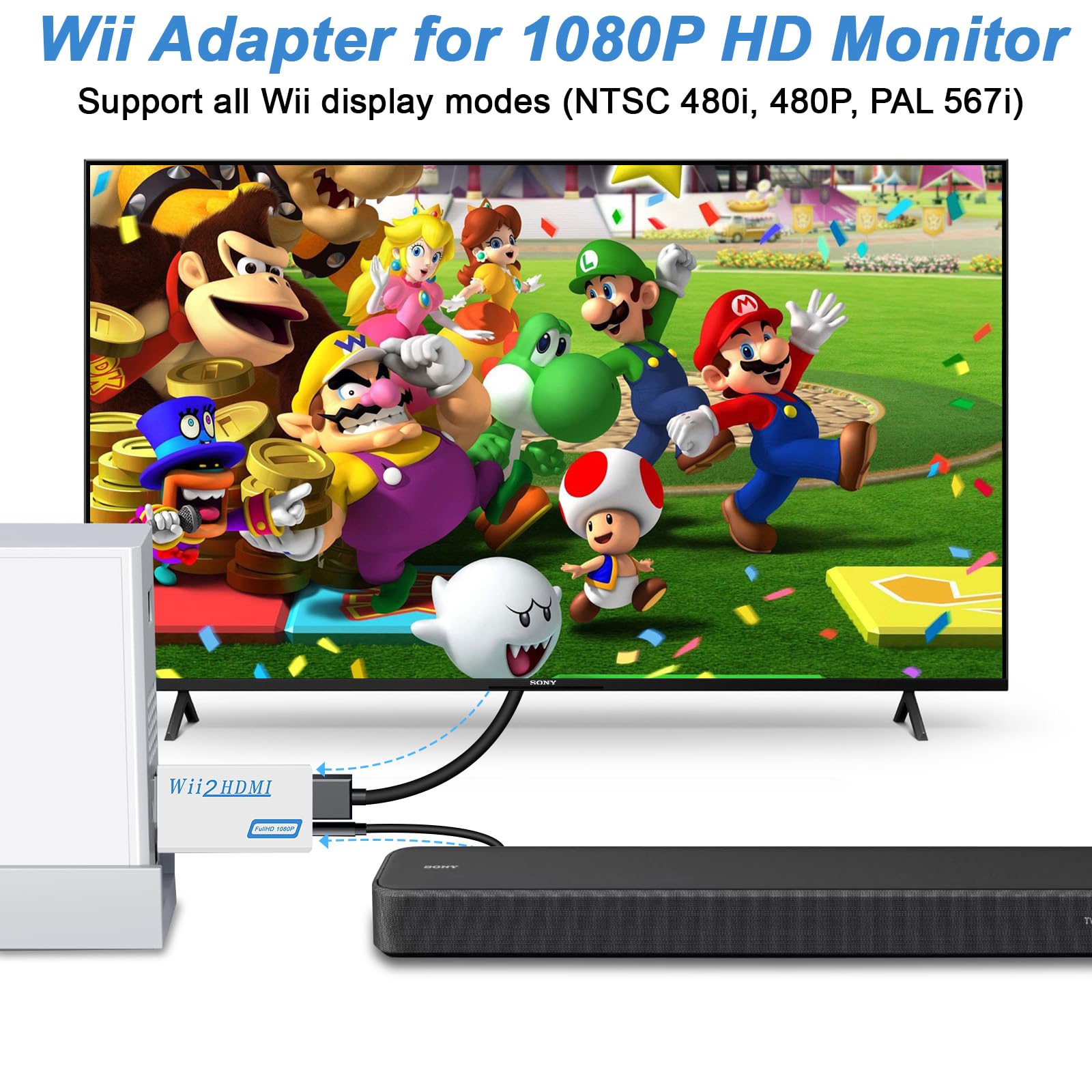 Herfair Wii to HDMI Adapter, 1080P HDMI Converter for Nintendo Wii/Wii U to Smart TV, Supports All Display Modes with 3.5mm Audio Jack Wii2HDMI Video Connector to HDTV (Plug & Play)