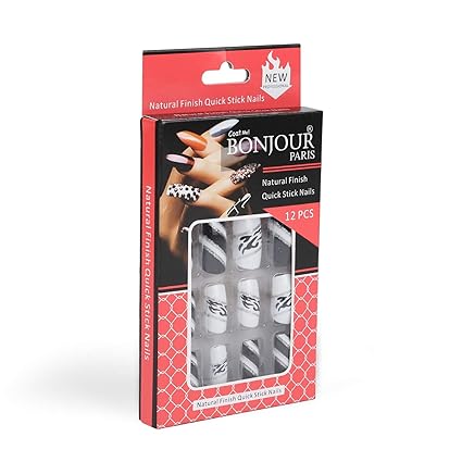 Bonjour Paris False Nails-Quick Stick Artificial Nail Set with Glue,12 pc Set (Black White Dual Designs)