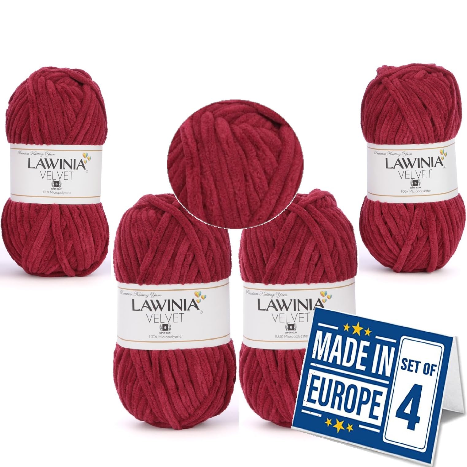 LAWINIA -Velvet Premium Soft Chenille Yarn Chunky, Velvet Yarn Crochet, Does NOT SHED, Plush Blanket Wool for Crochet, Thick Chunky Wool for Knitting, Pack of 4