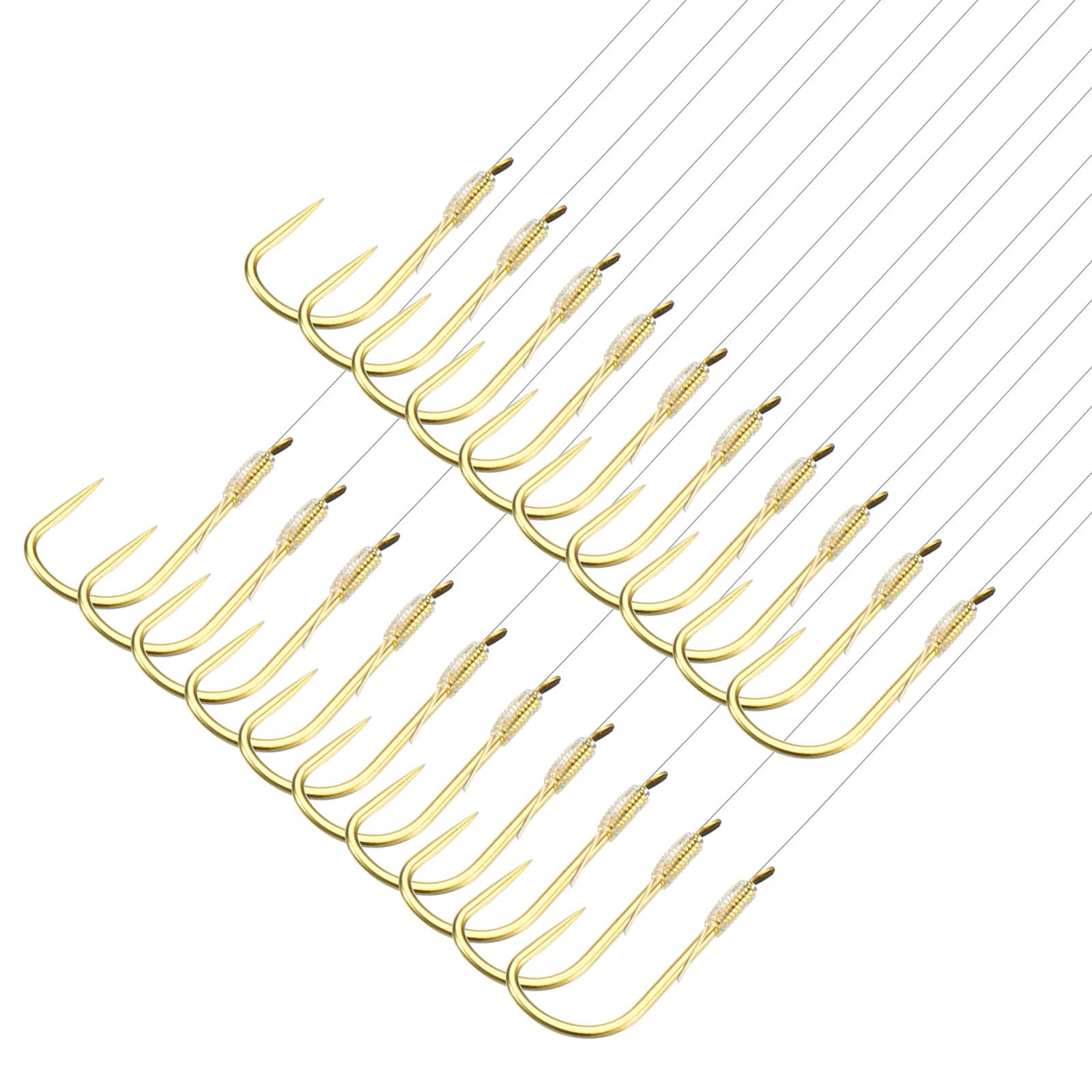 PATIKIL 4# Small Fishing Hooks with 36cm Line, 20Pcs 0.34x0.2 Inch Double Hook Rigs Fishing Hook on Nylon Line for Freshwater, Gold Tone