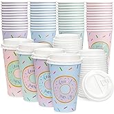 BLUE PANDA Disposable Coffee Cups with Lids - 16 Oz Pastel Donut, 48 Count - Paper Cups to Go for Travel & Parties
