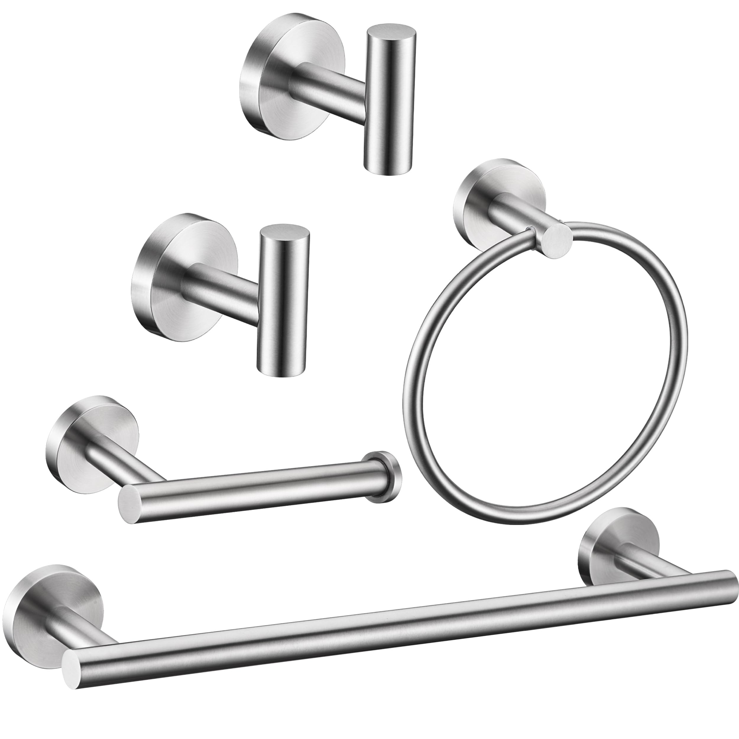 Photo 1 of 5 Pieces Brushed Nickel Bathroom Hardware Set Include 16inch Towel Bar,2pcsTowel Hooks,Toilet Paper Holder,Hand Towel Ring Round SUS304 Stainless Steel Bathroom Accessories Set Heavy Duty Wall Mounted