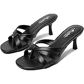 Mostrin Strappy Kitten Heels for Women Round Open Toe Flip Flops Slip On Mules Heels Fashion Thong Heeled Sandals for Party Wedding Holiday
