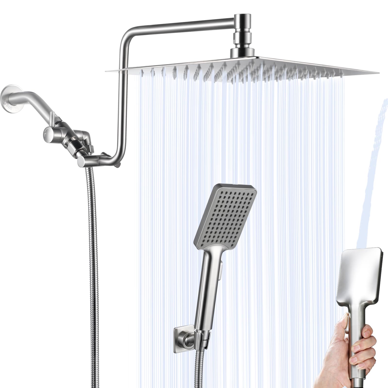 Photo 1 of 10" Rainfall Shower Head with Handheld Combo High Pressure, Upgrade 12" Extension Arm Height Adjustable, Powerful Stainless Steel Shower Head Brass Shower Holder Extra Long Shower Hose, Brushed Nickel