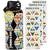 Wondery Parks of the USA® Water Bottle With 63 Waterproof Stickers of Parks (USA), 32 oz Stainless Steel Water Bottle for Traveling, Hiking, Camping, National Park Gifts- BLACK