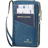 GOIACII Passport Wallet Travel Crossbody Bags for Women Wristlet Phone Purse Double Zip Vegan Leather Blue