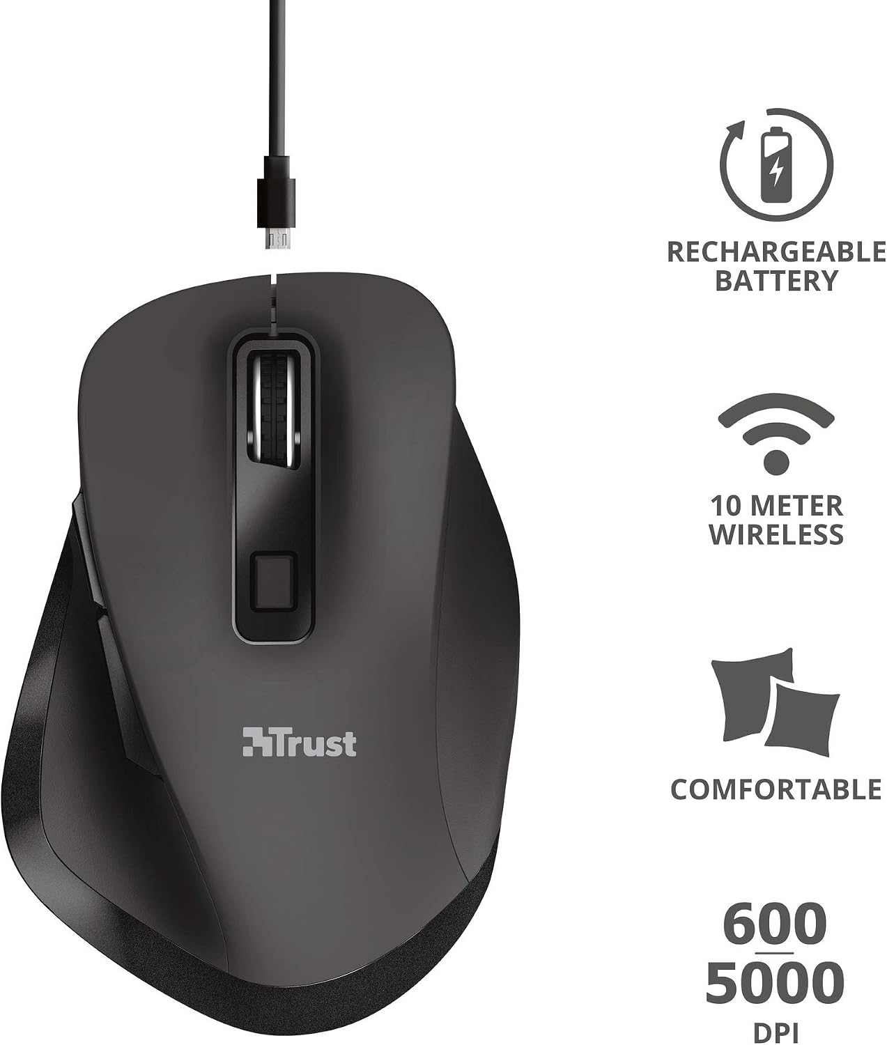 Trust Fyda Rechargeable Wireless Mouse, Ergonomic Design, USB Receiver Storable Inside the Mouse, 10 m Range, 800-2400 DPI - Image 3