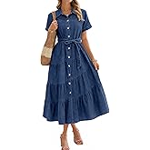 BerryGo Womens Summer Denim Shirt Dress Casual Belted Short Sleeve Button Down Flowy Midi Jeans Dresses with Pockets