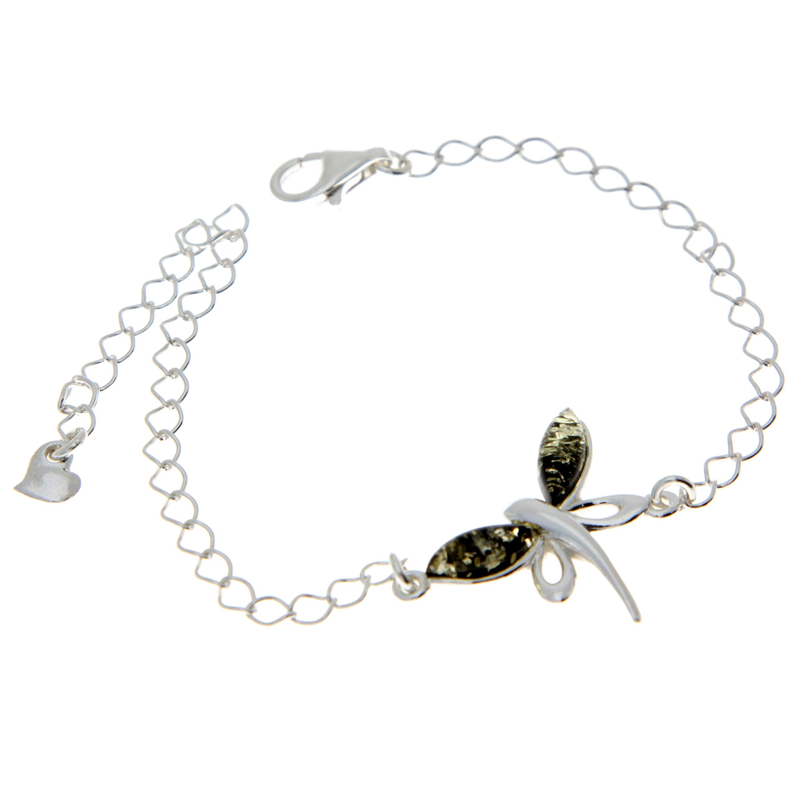 Butterfly Designer 925 Sterling Silver Link Adjustable Bracelet set with Green Baltic Amber Gemstones - GL534G