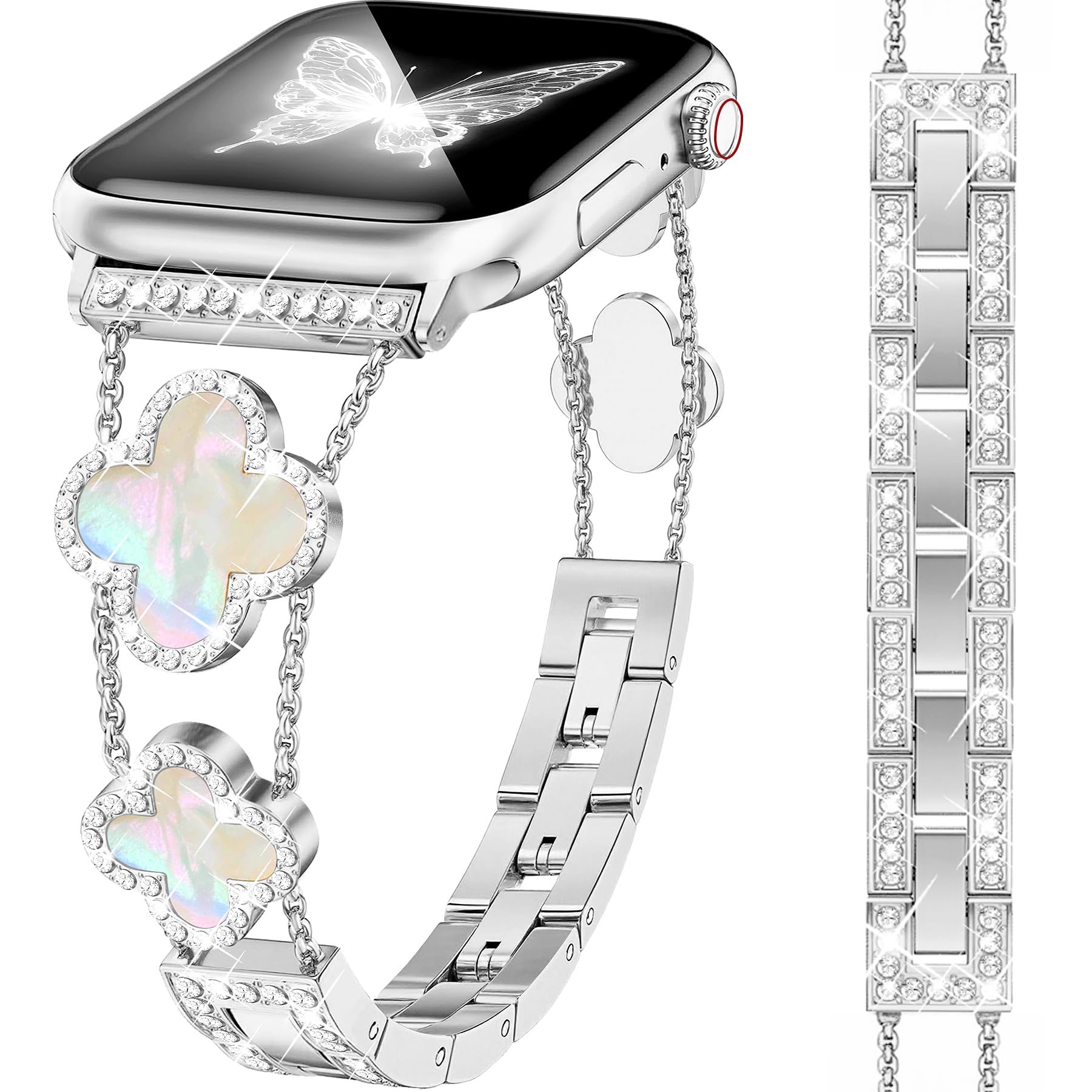 Photo 1 of MOINSPIRE Silver Bling Diamond Clover Bands Women Compatible with Apple Watch 42mm(S3/2/1) 44/45/46/49mm Lucky Sparkle Dressy Bracelet Metal Strap for iWatch Series 11/10/9/8/7/6/5/4/SE/Ultra 3/2/1