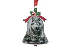 Gixpop Christmas Ornament Bell Pendant Decorative Metal Glass Hanging Christmas Bell Ornaments for Home Decoration Party Decor (Mother Wolf with Babies in The Snow)