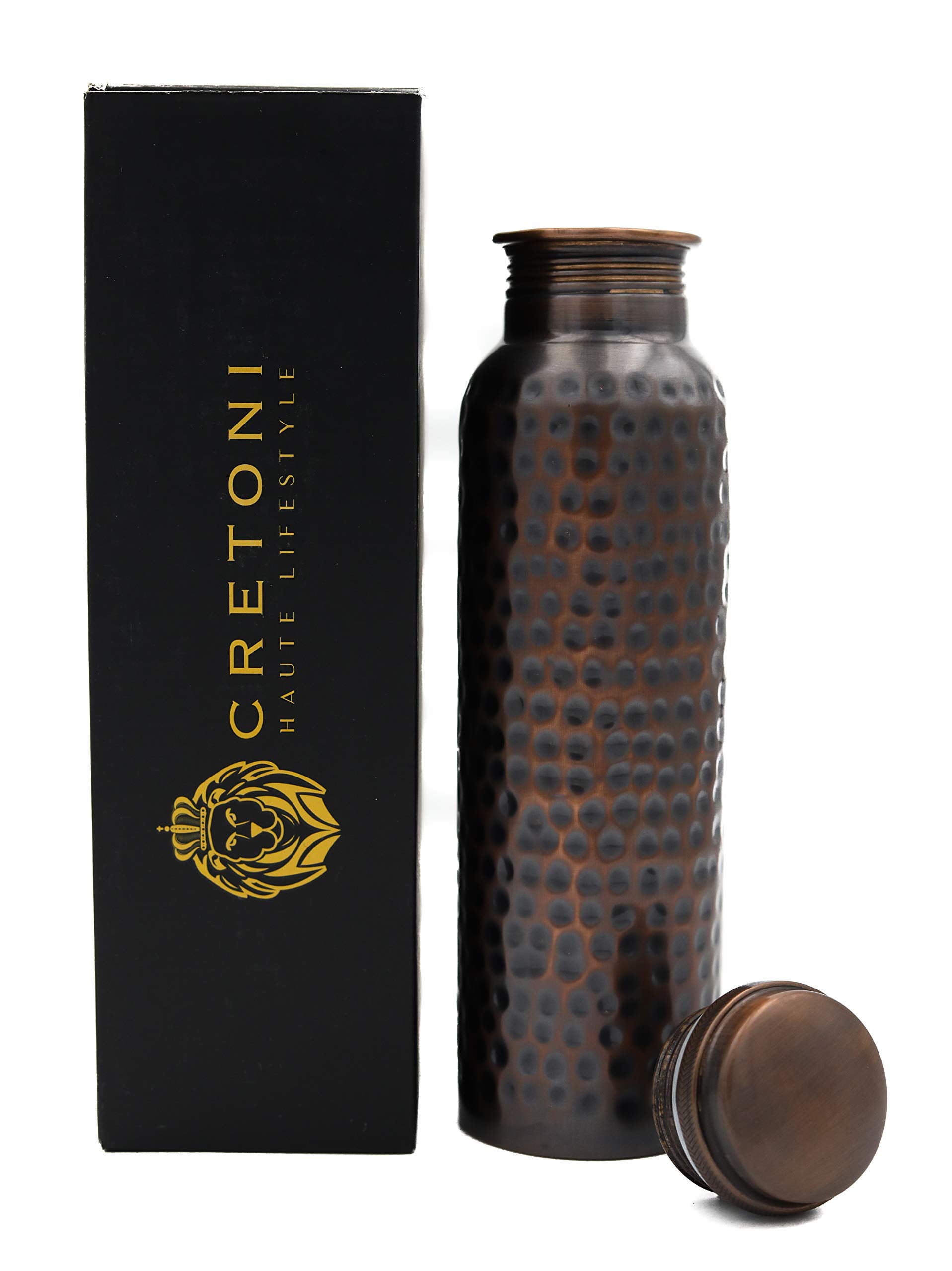 CRETONI Antique-Series Pure Copper Water Bottle : Hammered Straight Leak Proof Design : Perfect Ayurvedic Copper Vessel for Sports, Fitness, Yoga, Natural Health Benefits (900 Milliliter/30 Ounce)