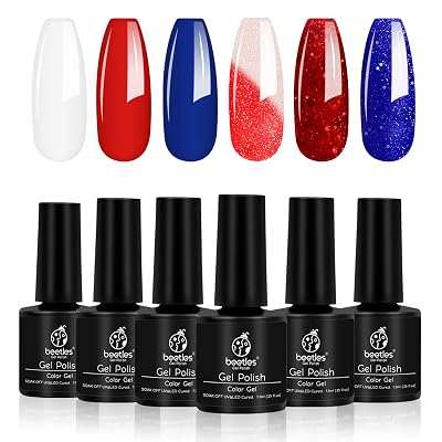 Beetles Red White and Navy Blue Gel Nail Polish Set - 6 Pcs Colors Royal Blue Glitter Gel Polish Color Changing, Soak Off UV LED Cured, 7.3ml Each