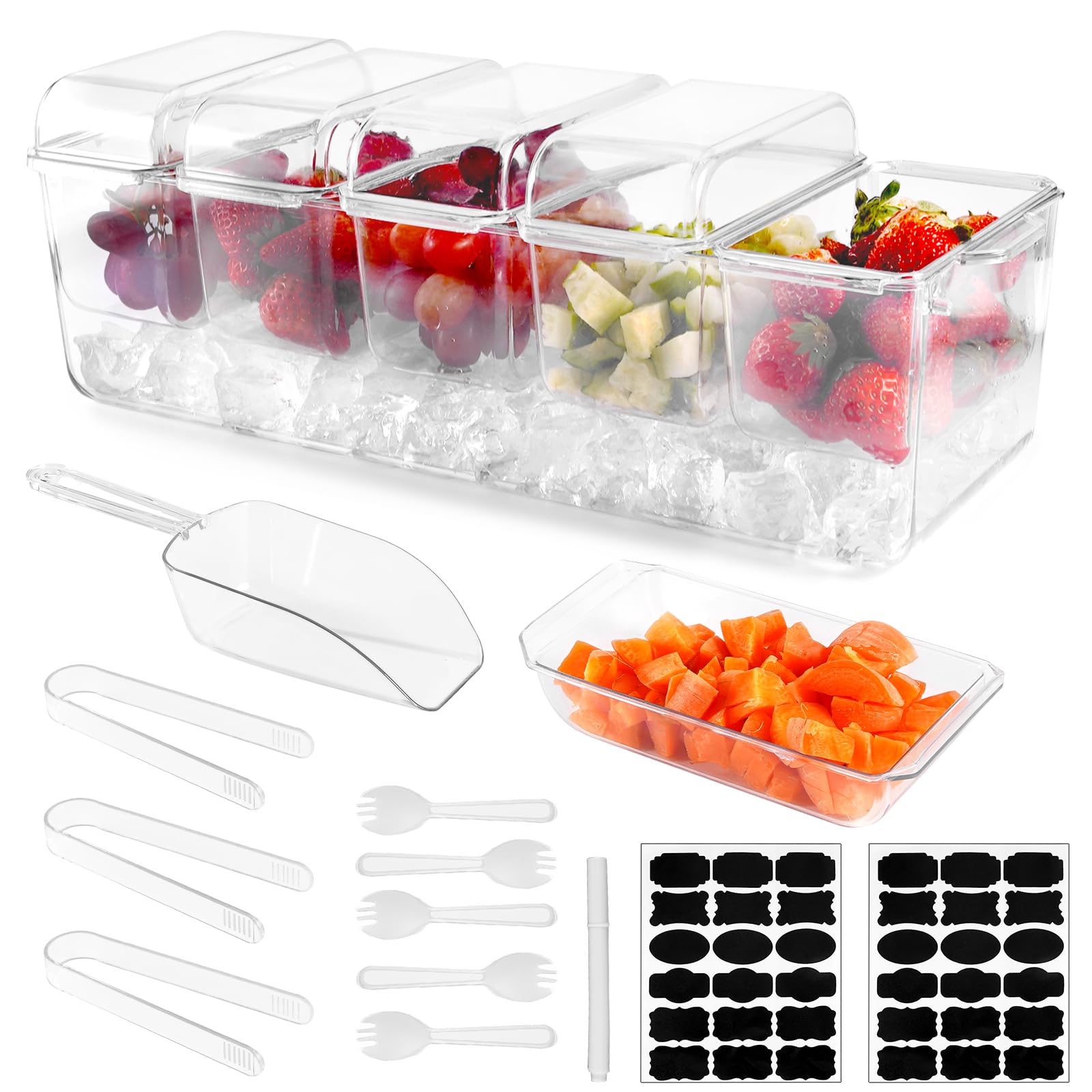Photo 1 of Fantasyon Ice Chilled Condiment Server Tray with 5 Removable Compartments Large Ice Chilled Condiment Caddy Organizer with Separate Lids Garnish Serving Tray for Bar Accessories, Fruit, Salad, Taco