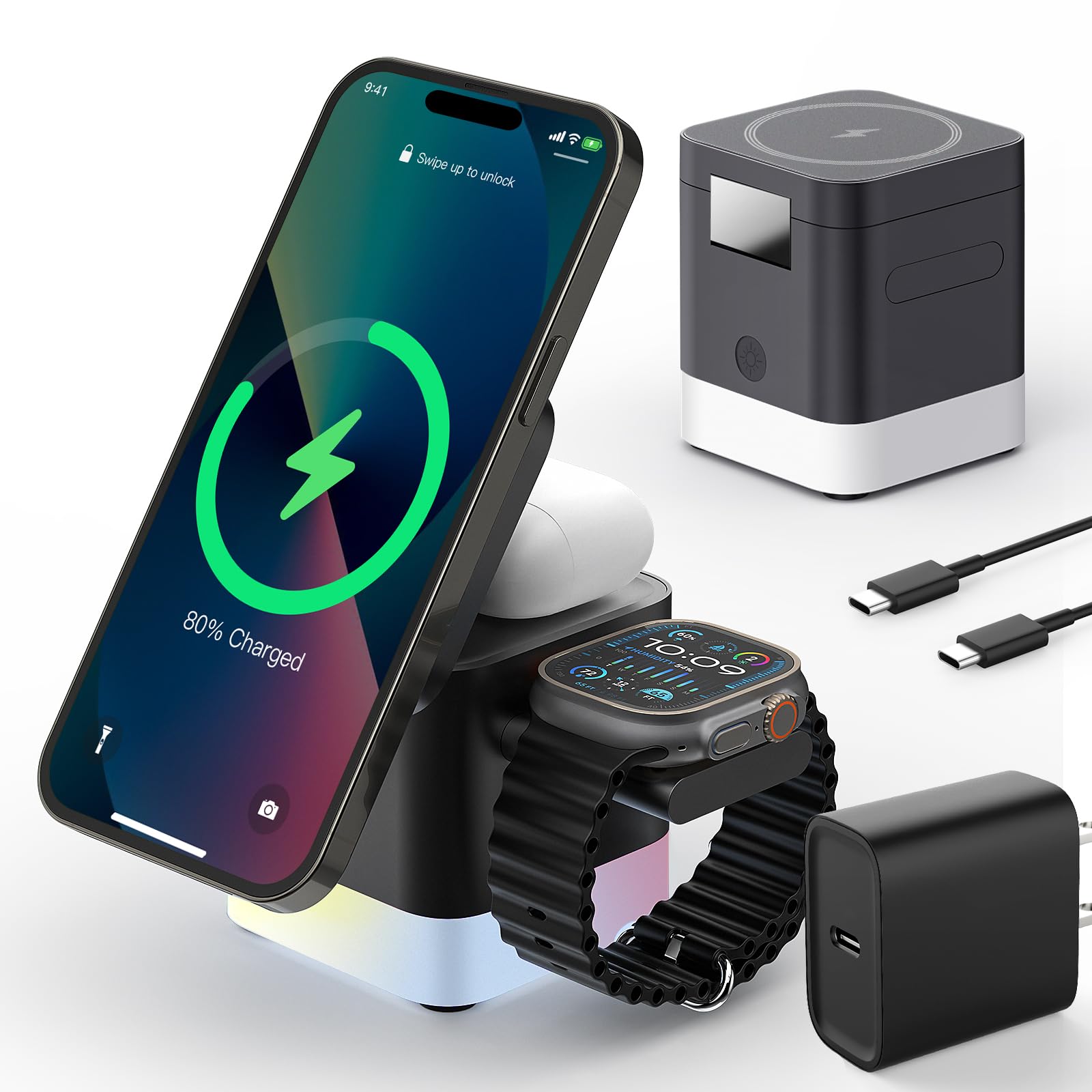 Photo 1 of 3 in 1 Cube Wireless Charger, Foldable Charger Stand, 15W Fast Wireless Charging Station for iPhone 15/14/13/12 Series, Apple Watch, AirPods (Black)