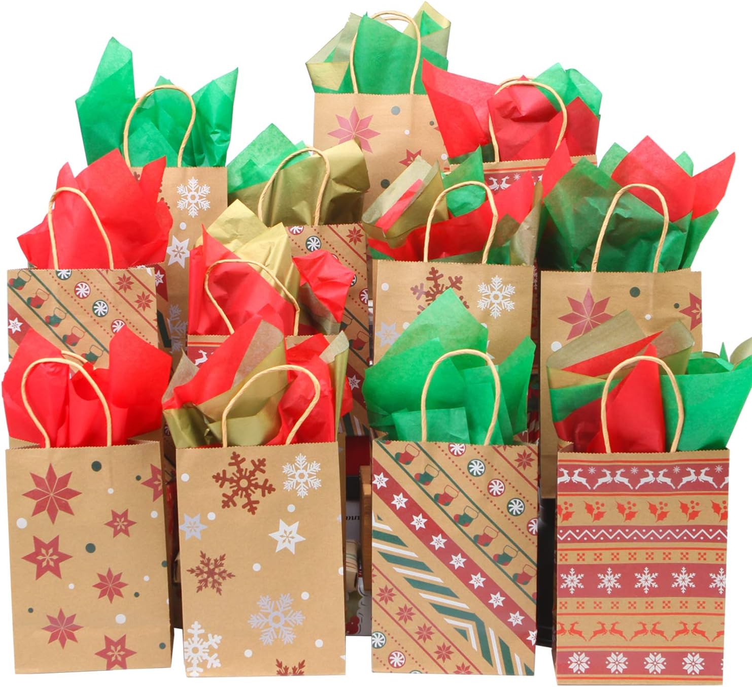 Elcoho 12 Pieces Christmas Kraft Gift Bags Shopping Bags Holiday Party Bag Christmas Gift Paper Bags with 18 Sheets Christmas Tissue Paper for Christmas Decorations: Toys & Games