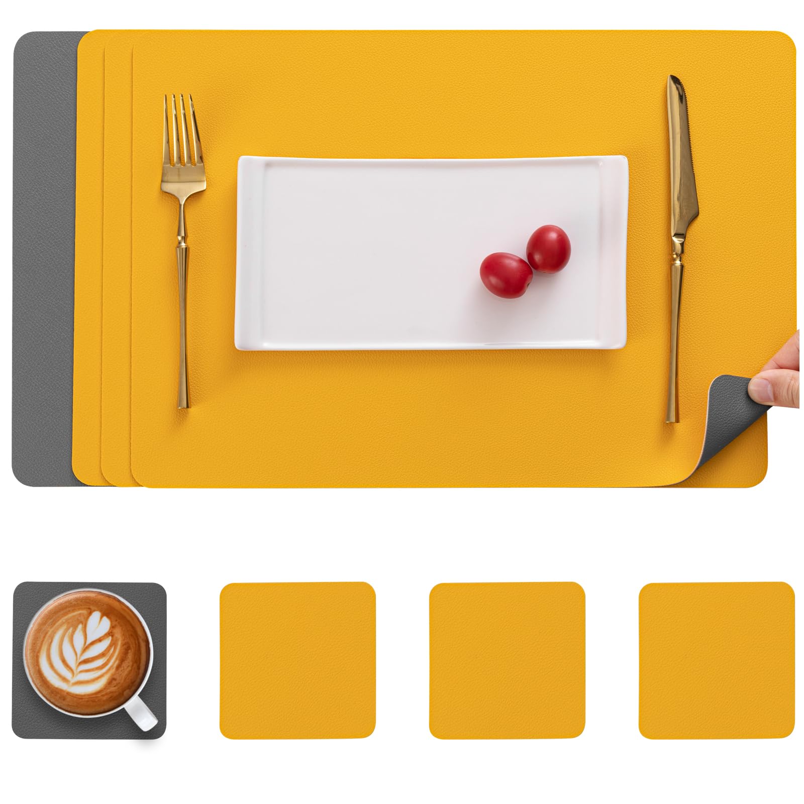 Myir JUN Leather Table Mats and Coasters, Dual-Sided Leather Placemats and Coasters Waterproof Placemats Set of 4 Place Mats Non-Slip Washable Table Mats (Grey Yellow, Set of 4)