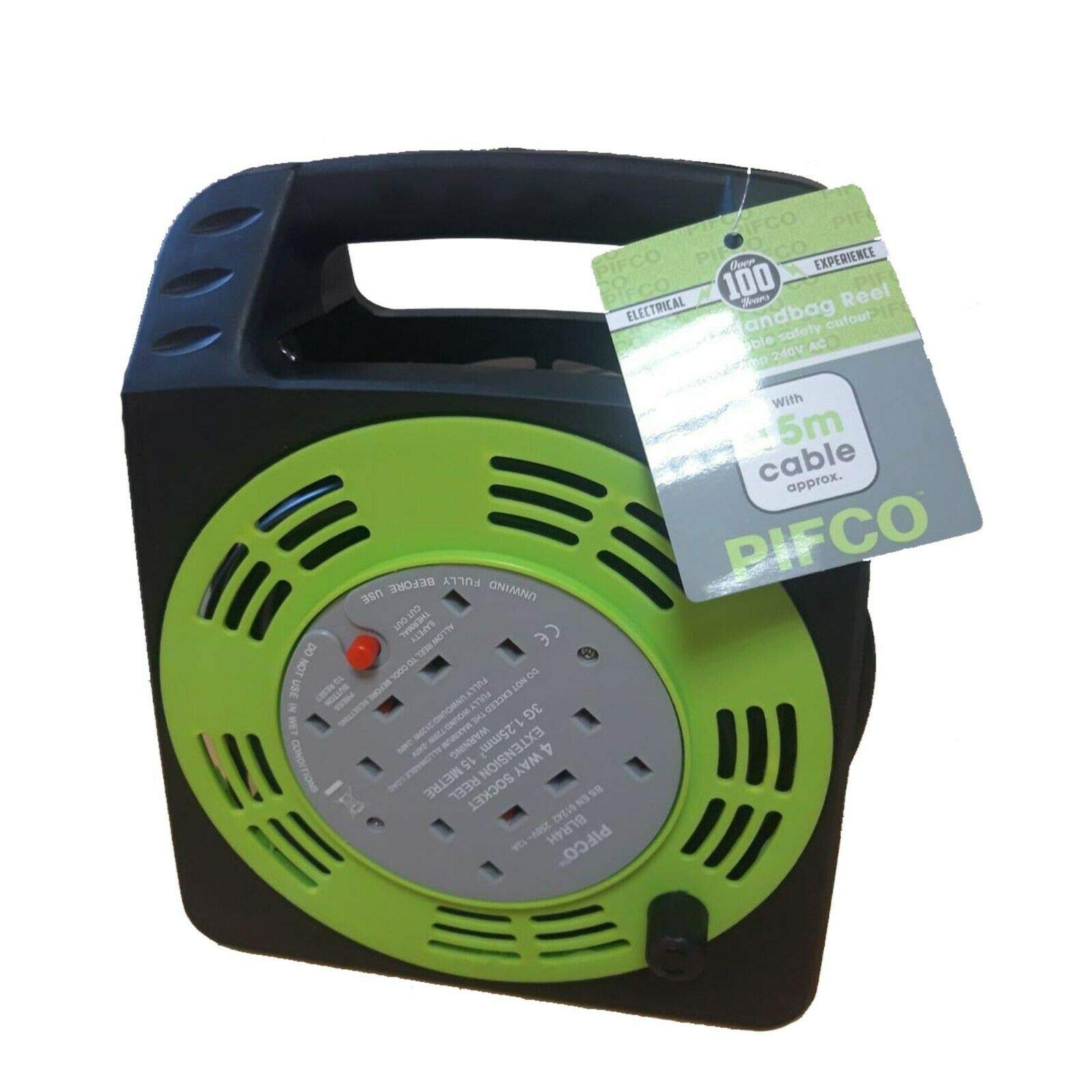 Daewoo Extension Reel, 4 Way Socket with 15 Metre Cable, Heavy Duty with Resettable Safety Cut Out, Handbag Reel, Black and Green