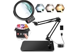 HQGZQL 10X 30X Large Magnifying Glass with Light and Stand, 5-inch Lighted Magnifier, 72 LED 3 Color Modes Stepless Dimmable, Hands-Free Magnifying Glass Desk Lamp for Reading Craft Hobby Close Work Black