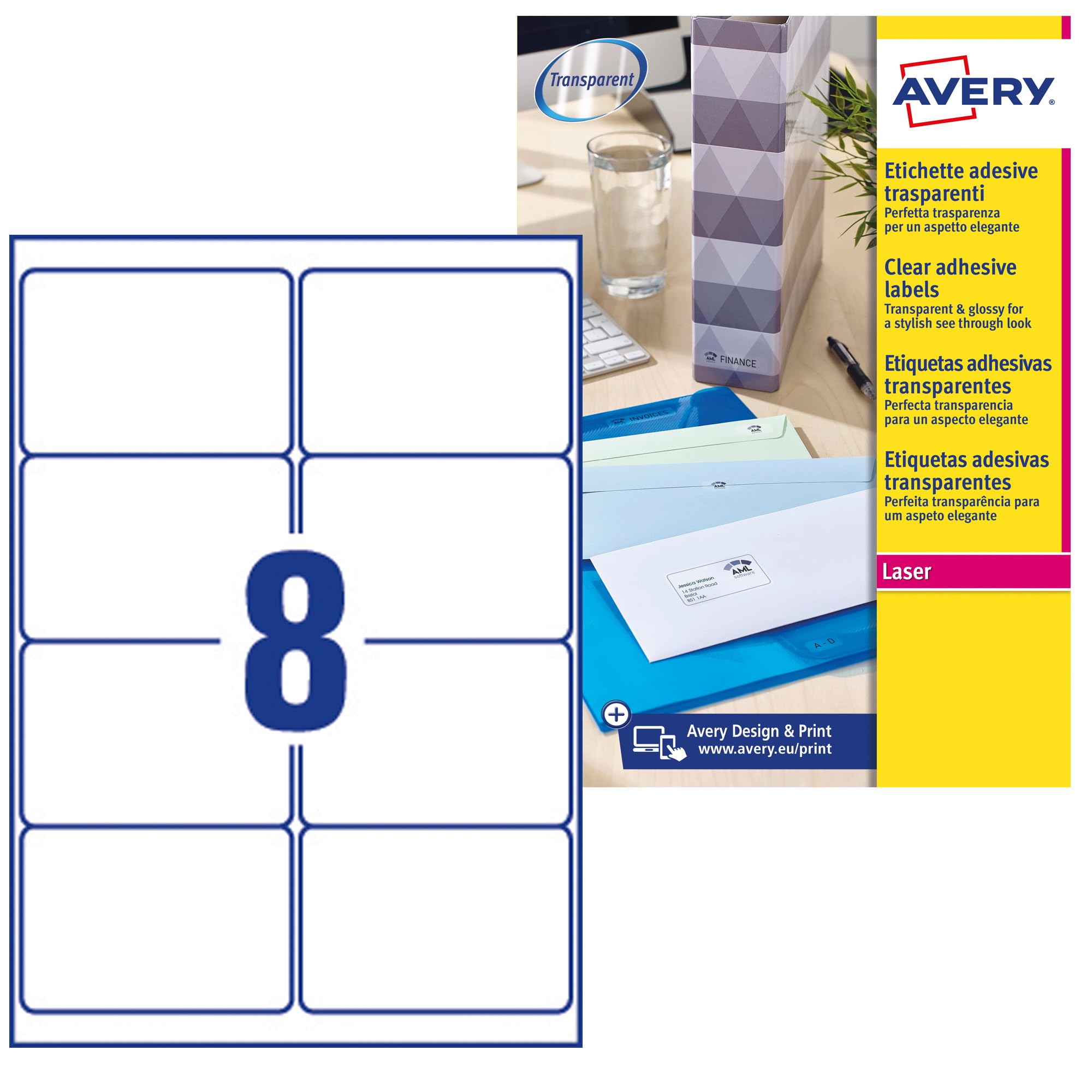 Avery Printable, Customisable Clear Parcel Shipping Labels, Laser Printers, 8 Labels Per A4 Sheet, 200 Labels, QuickPEEL (L7565), White