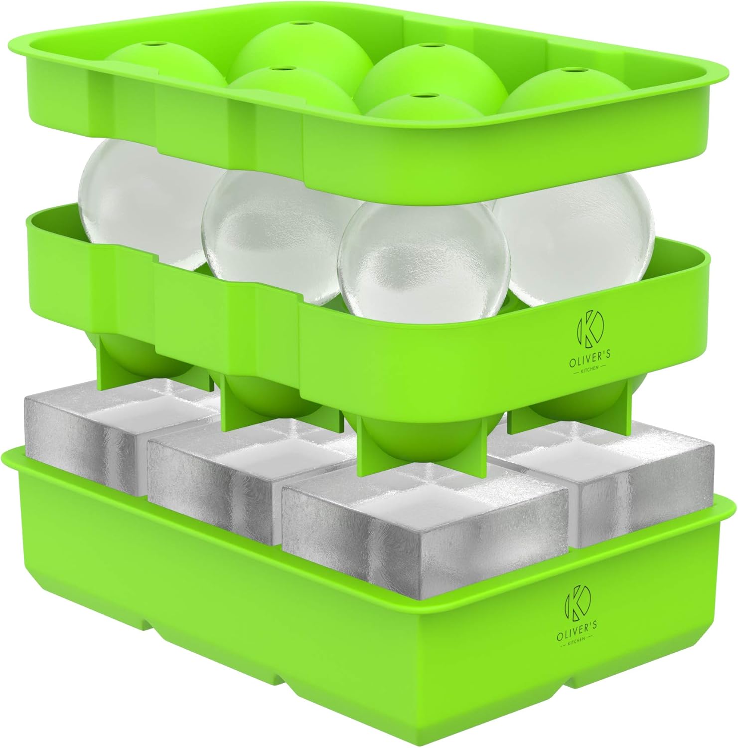 Oliver's Kitchen Eiswürfelschale 2er Set – Halten Sie Gin, Whisky & Getränke länger kalt – Große Eiswürfelform aus Silikon – Antihaft Eiswürfelbox mit Deckel – Eisform für Eiskugeln und Eiswürfel