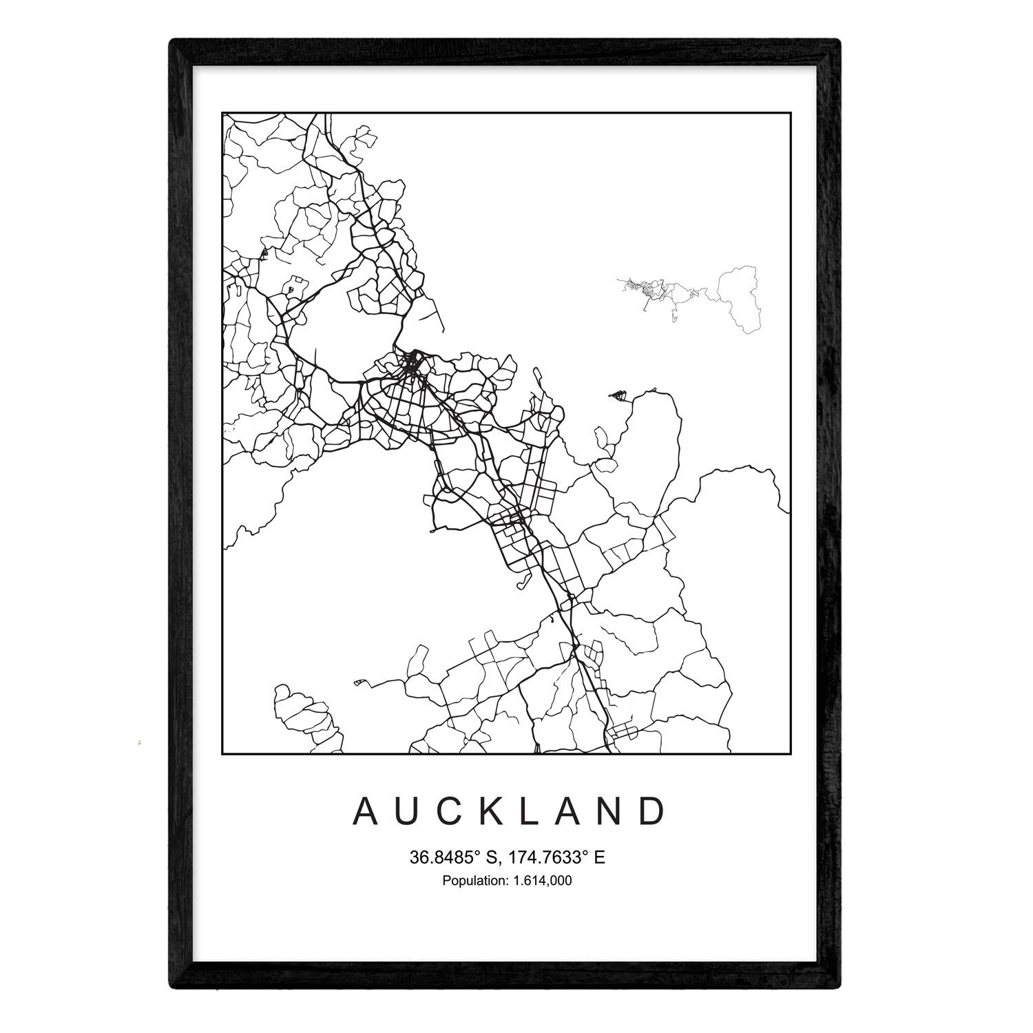 Nacnic Print city map Auckland Scandinavian style in black and white. A3 size poster Printed paper No 250 gr. Paintings, prints and posters for living room and bedroom