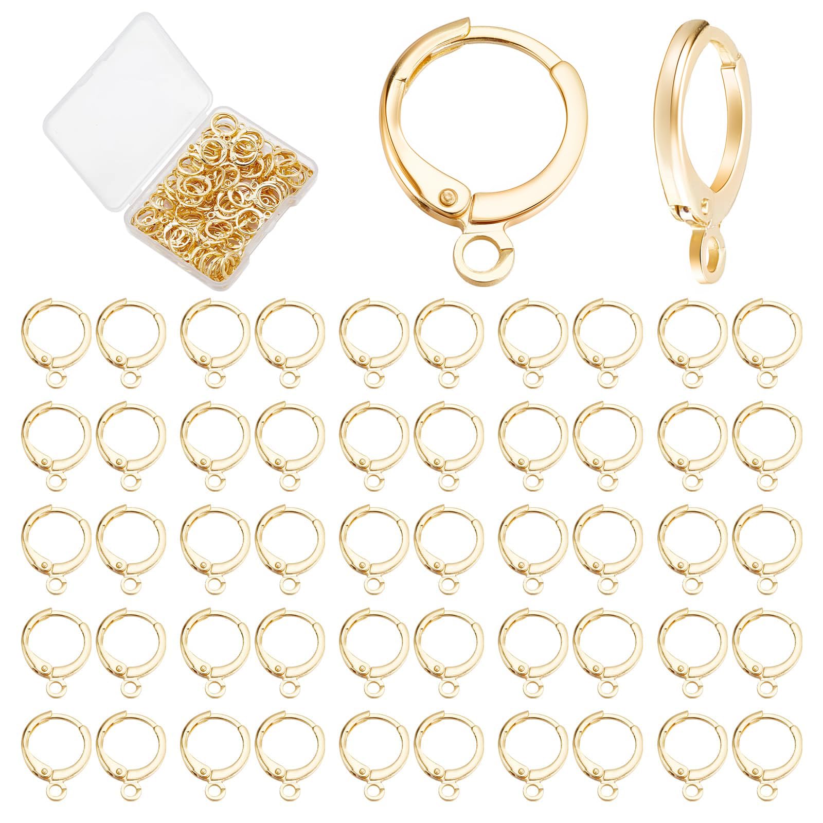 CREATCABIN 1 Box 100Pcs 18K Gold Plated Brass Round Earring Hooks with Loop Leverback Earring Wires Jewelry Making Findings French Ear Wires DIY Dangle Drop Pierced Earrings Parts 0.57 x 0.46in — image 1
