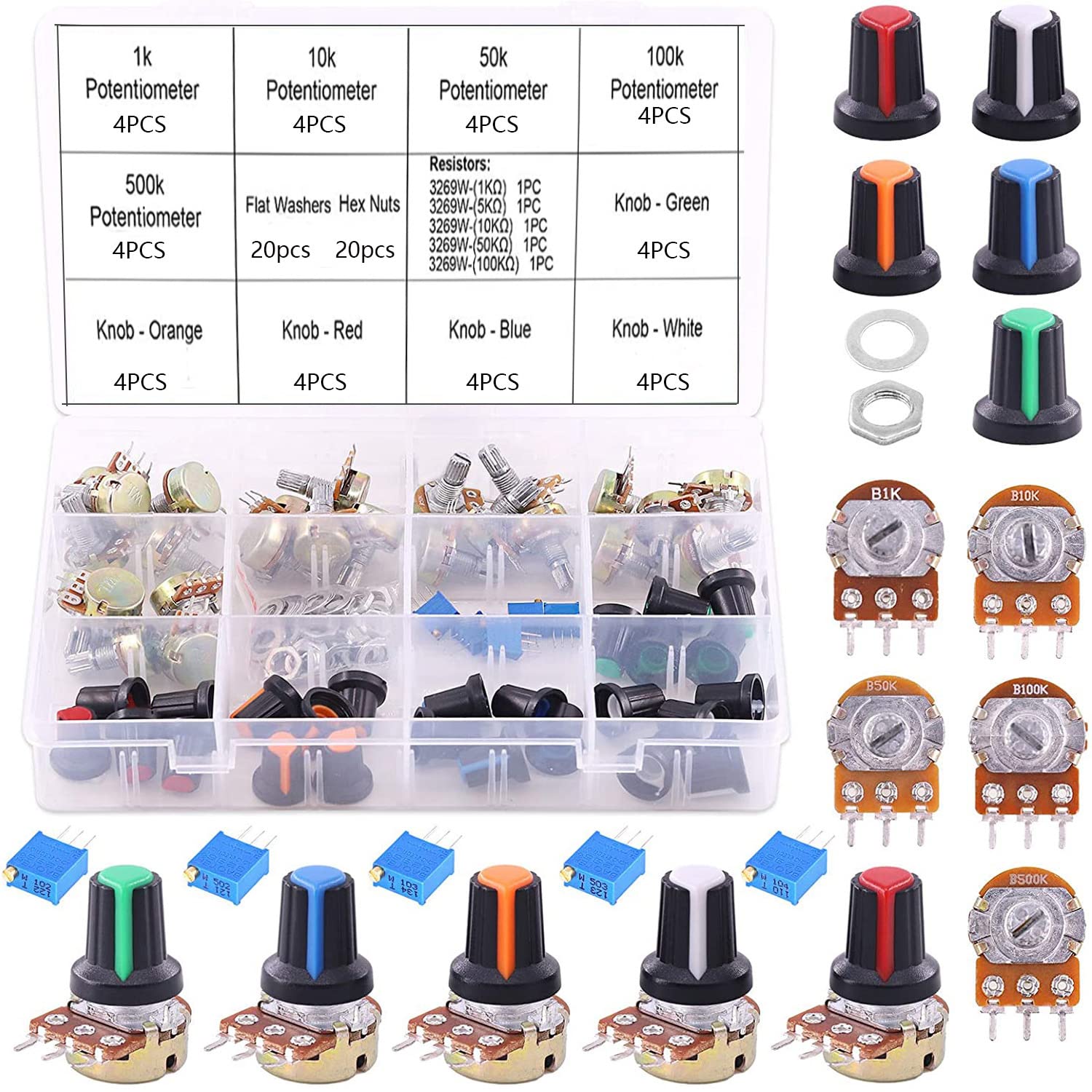 RUNCCI-YUN 25Pcs B1K B10K B50K B100K B500K Ohm Potentiometer Knob Linear Potentiometer 3 Terminal Rotary Potentiometer +5pcs 1Kohm -100Kohm Multiturn Trimmer, for Arduino Raspberry Pi