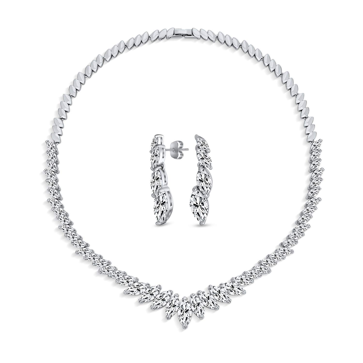Vintage Style Fashion Bridal Multi Marquise Leaf Starburst AAA CZ Statement Collar V Necklace Matching Chandelier Dangle Earrings Jewelry Set For Women Wedding Prom Pageant Silver Plated